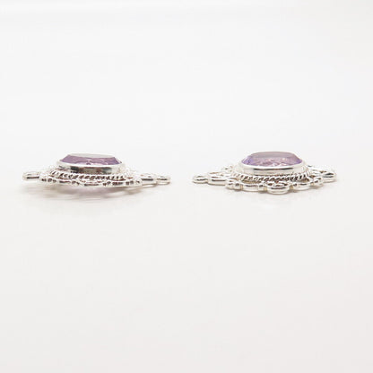 925 Sterling Silver Vintage Real Amethyst Gemstone Ornate Jacket Earrings