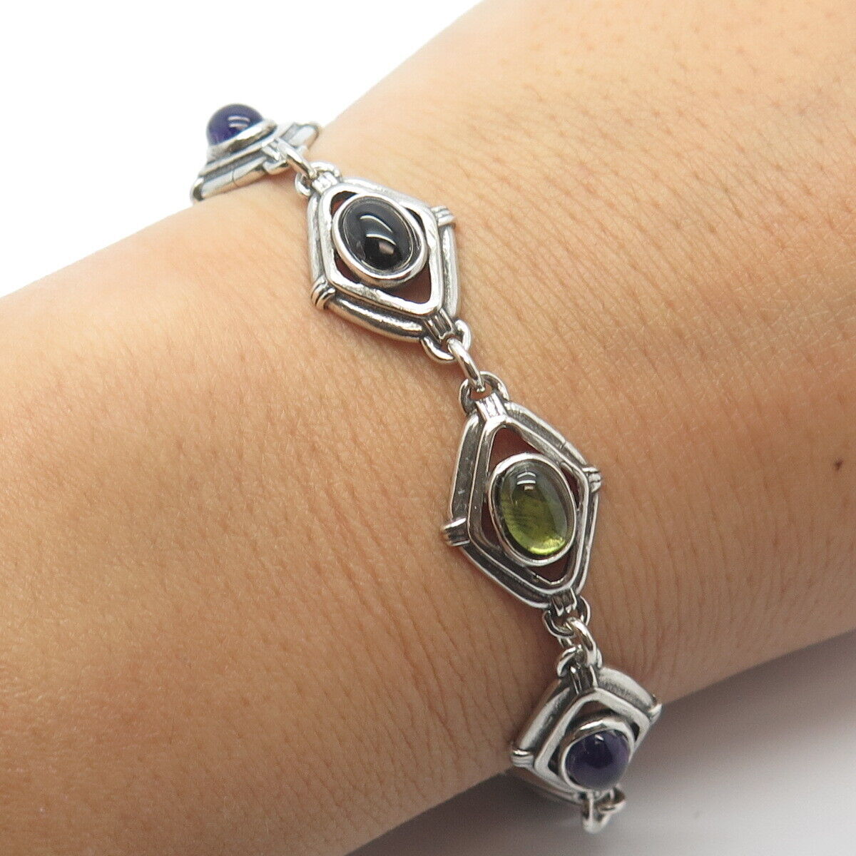 925 Sterling Silver Vintage Amethyst Black Onyx Peridot Fancy Link Bracelet 8.5"