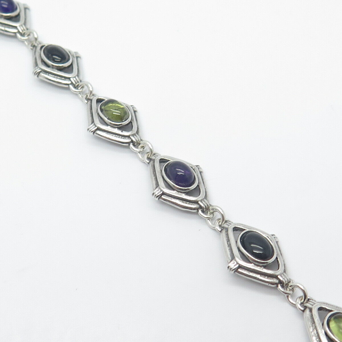 925 Sterling Silver Vintage Amethyst Black Onyx Peridot Fancy Link Bracelet 8.5"