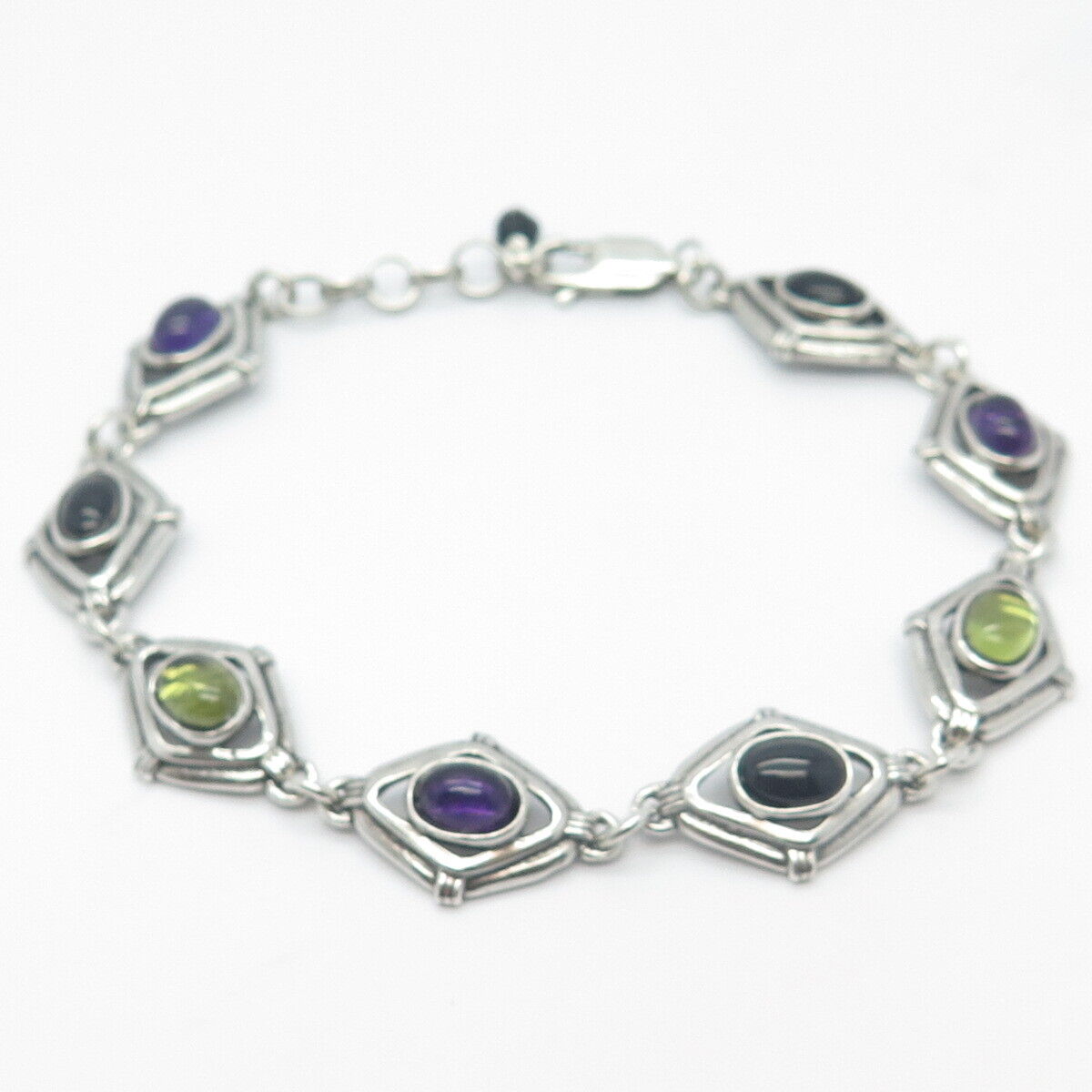 925 Sterling Silver Vintage Amethyst Black Onyx Peridot Fancy Link Bracelet 8.5"