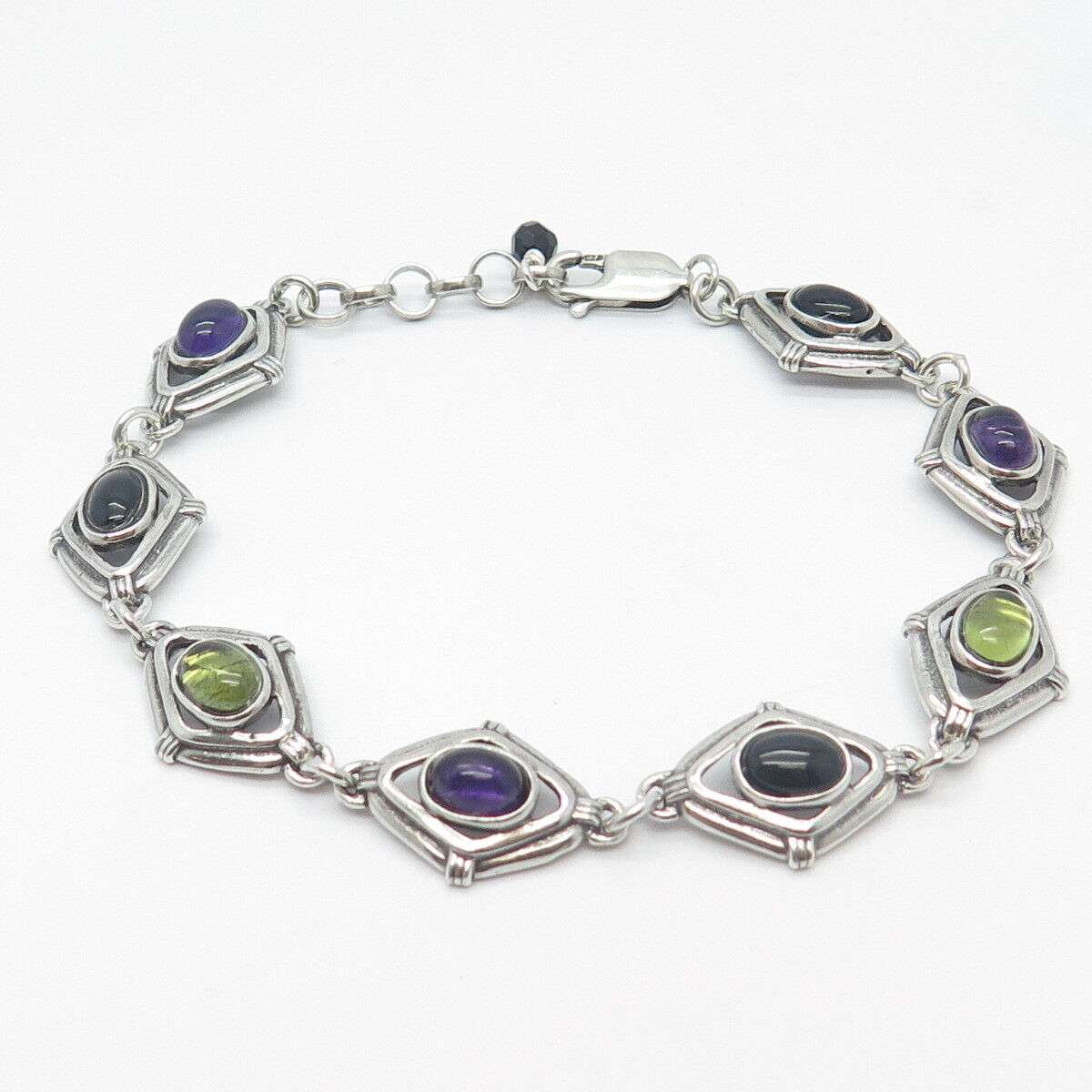 925 Sterling Silver Vintage Amethyst Black Onyx Peridot Fancy Link Bracelet 8.5"