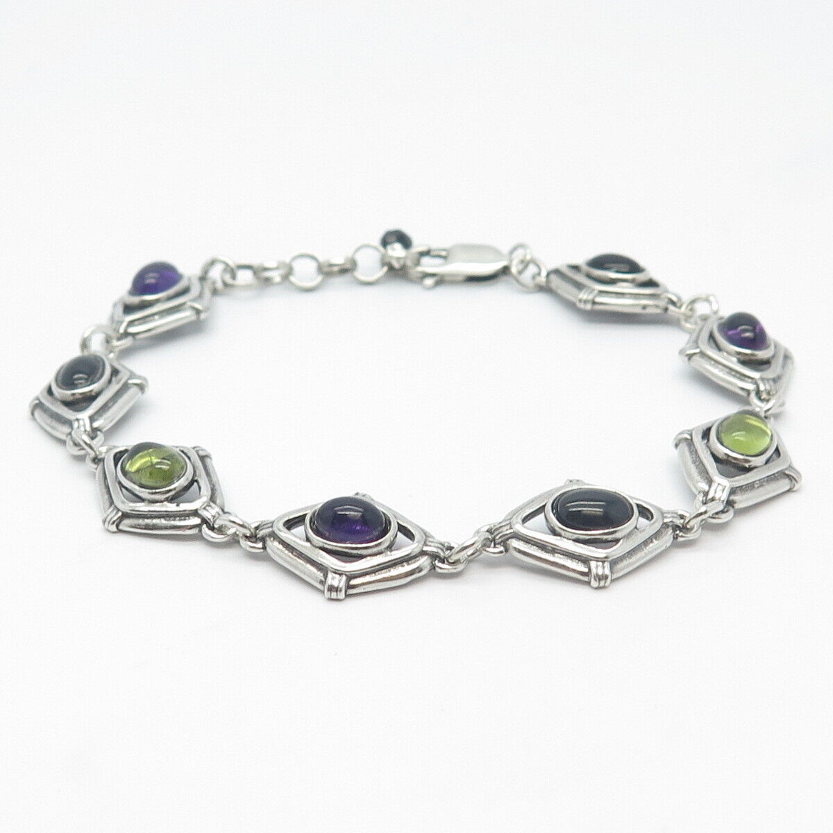 925 Sterling Silver Vintage Amethyst Black Onyx Peridot Fancy Link Bracelet 8.5"