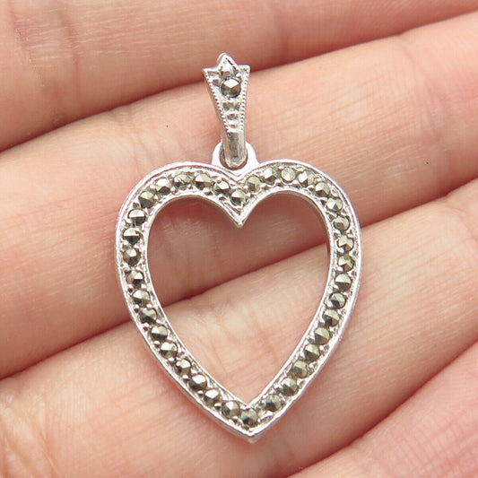 925 Sterling Silver Vintage Real Marcasite Gemstone Open Heart Pendant