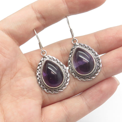 925 Sterling Silver Vintage Amethyst Gem Braided Teardrop Dangling Hook Earrings