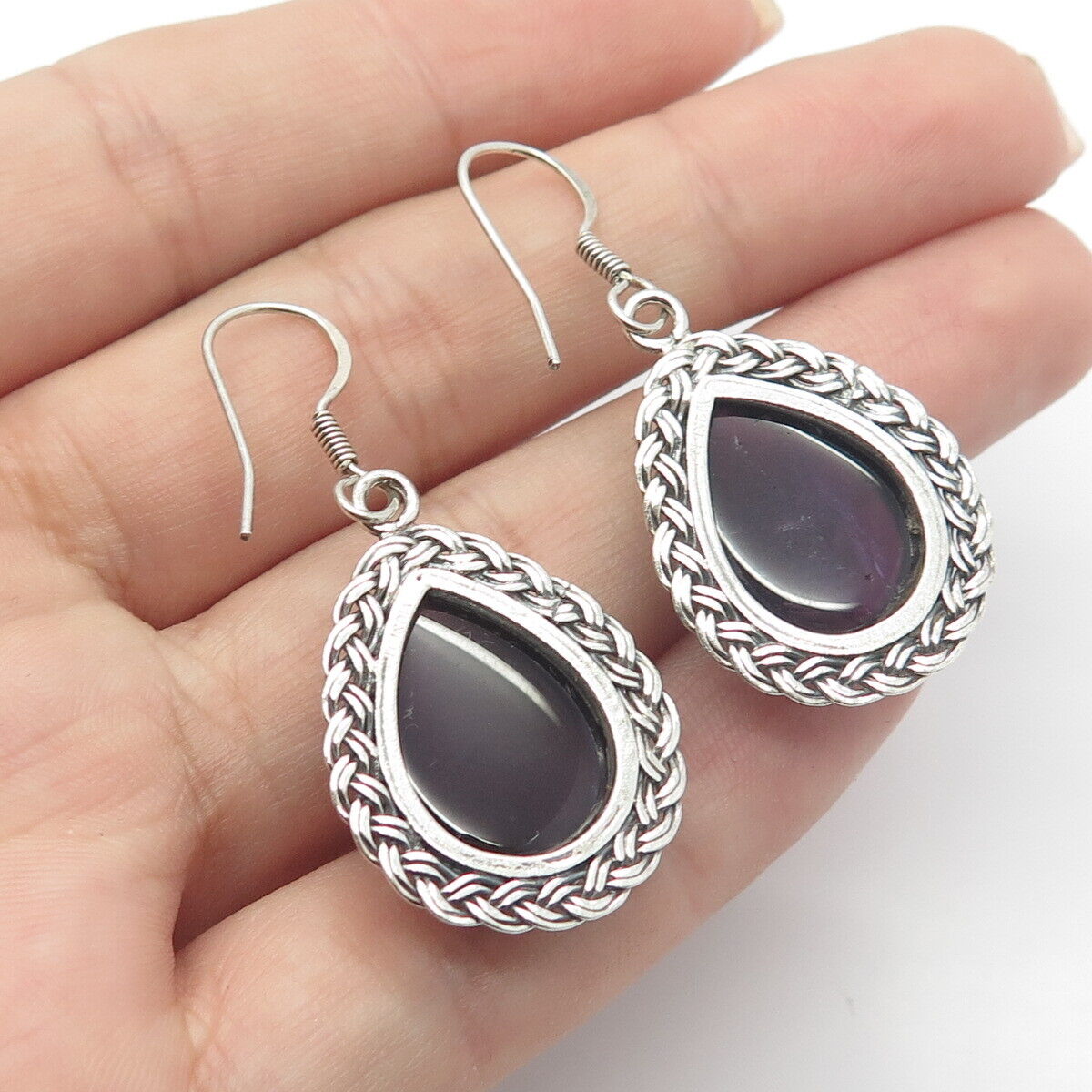 925 Sterling Silver Vintage Amethyst Gem Braided Teardrop Dangling Hook Earrings