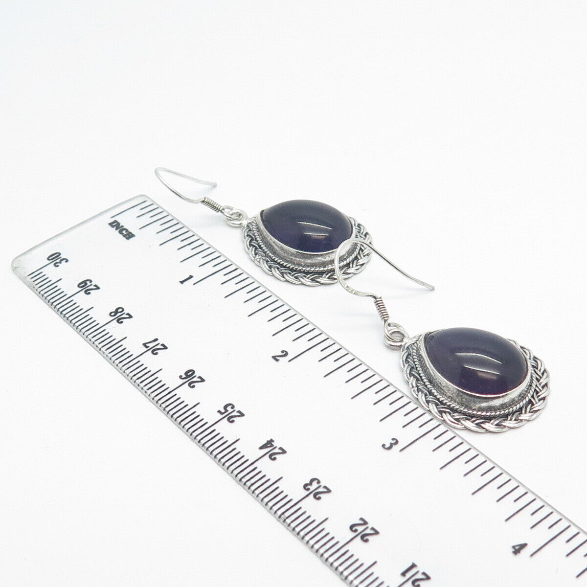 925 Sterling Silver Vintage Amethyst Gem Braided Teardrop Dangling Hook Earrings