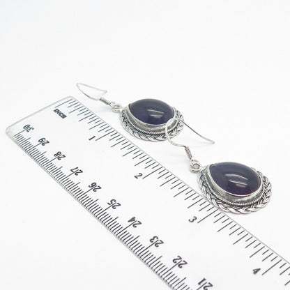 925 Sterling Silver Vintage Amethyst Gem Braided Teardrop Dangling Hook Earrings