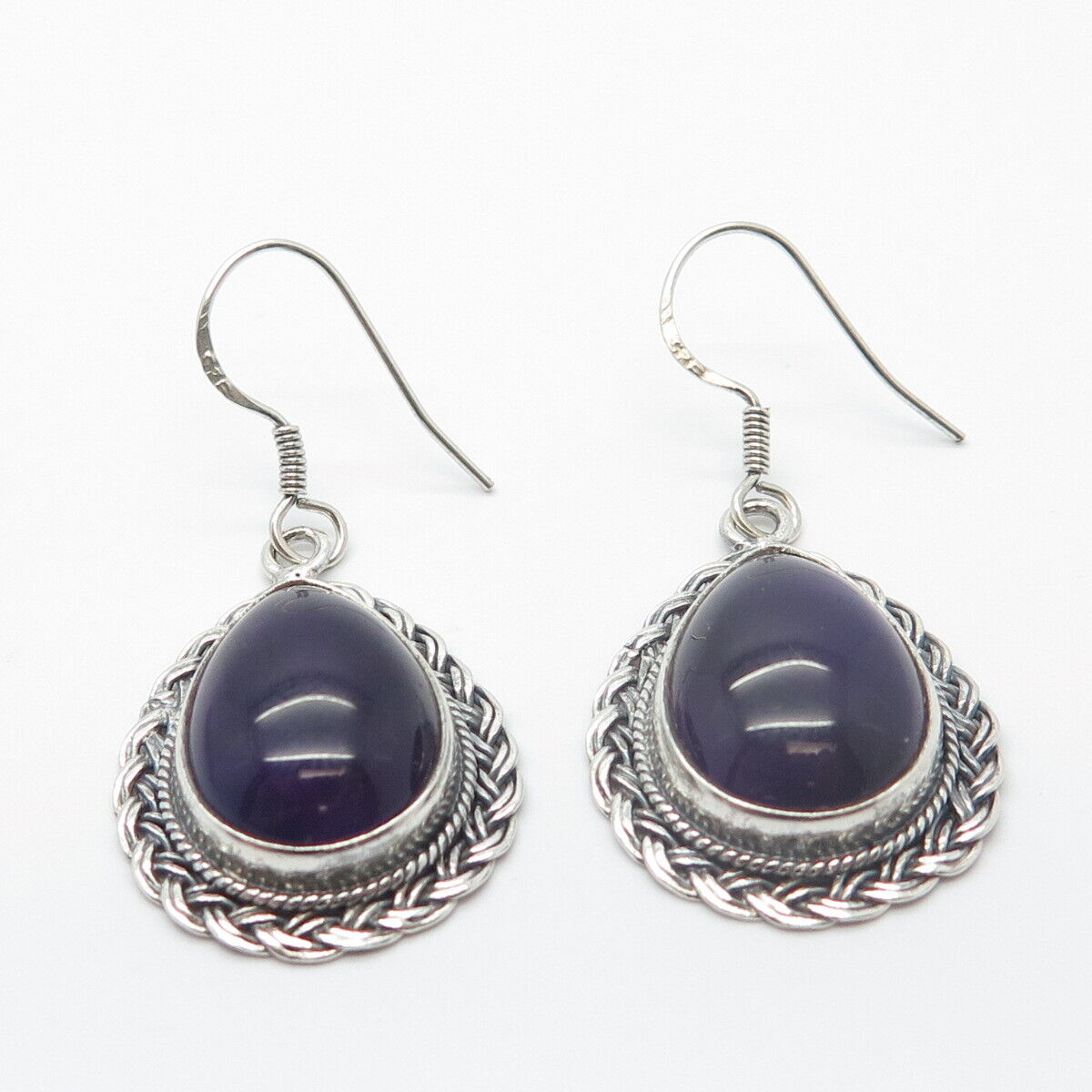 925 Sterling Silver Vintage Amethyst Gem Braided Teardrop Dangling Hook Earrings