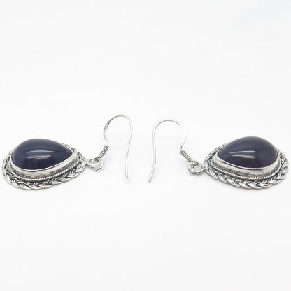 925 Sterling Silver Vintage Amethyst Gem Braided Teardrop Dangling Hook Earrings