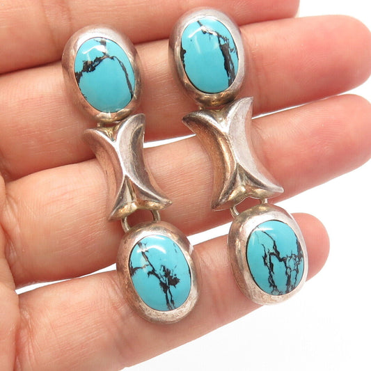 925 Sterling Silver Vintage Mexico Real Turquoise Gem XO Dangling Earrings