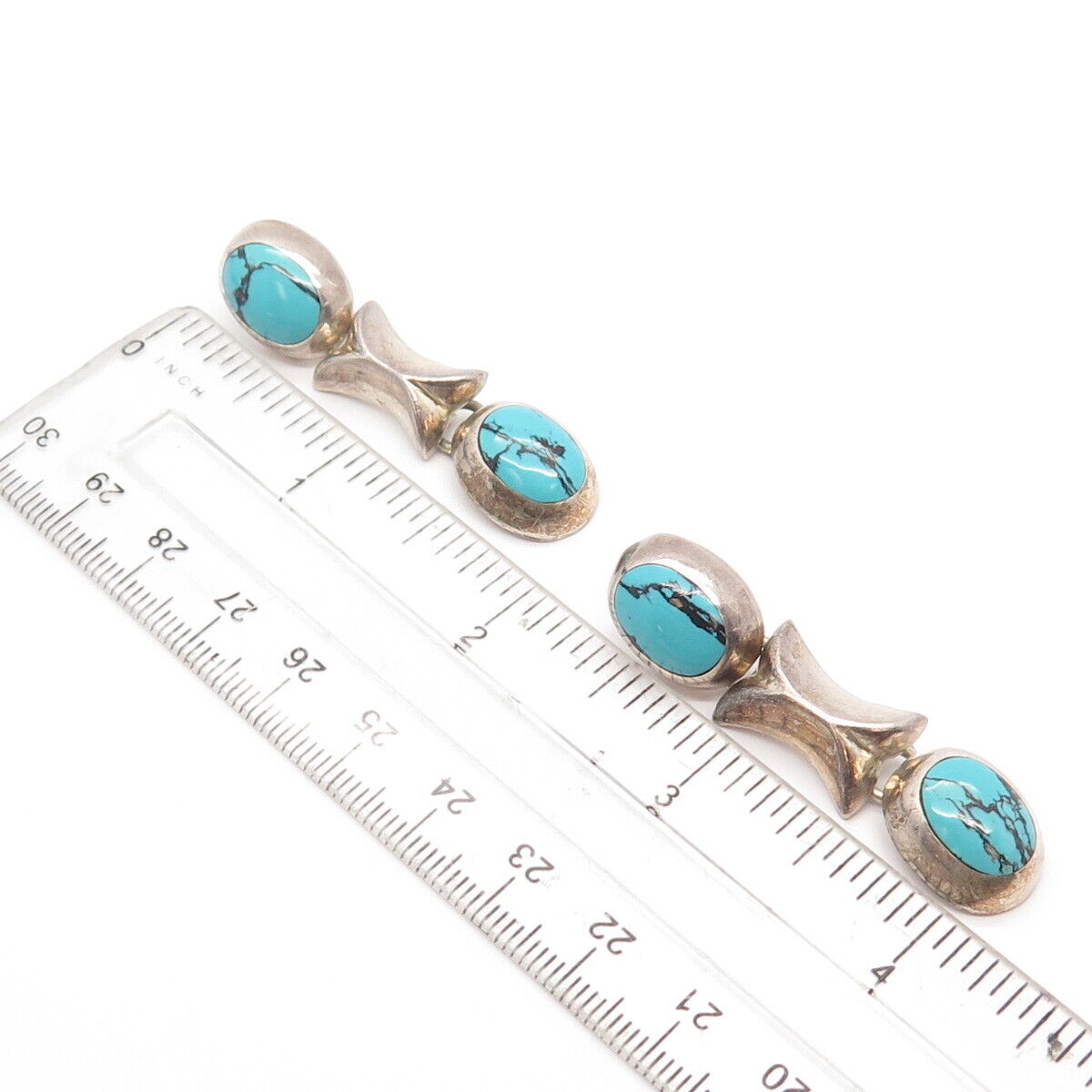 925 Sterling Silver Vintage Mexico Real Turquoise Gem XO Dangling Earrings