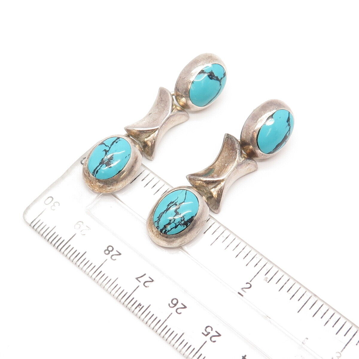 925 Sterling Silver Vintage Mexico Real Turquoise Gem XO Dangling Earrings