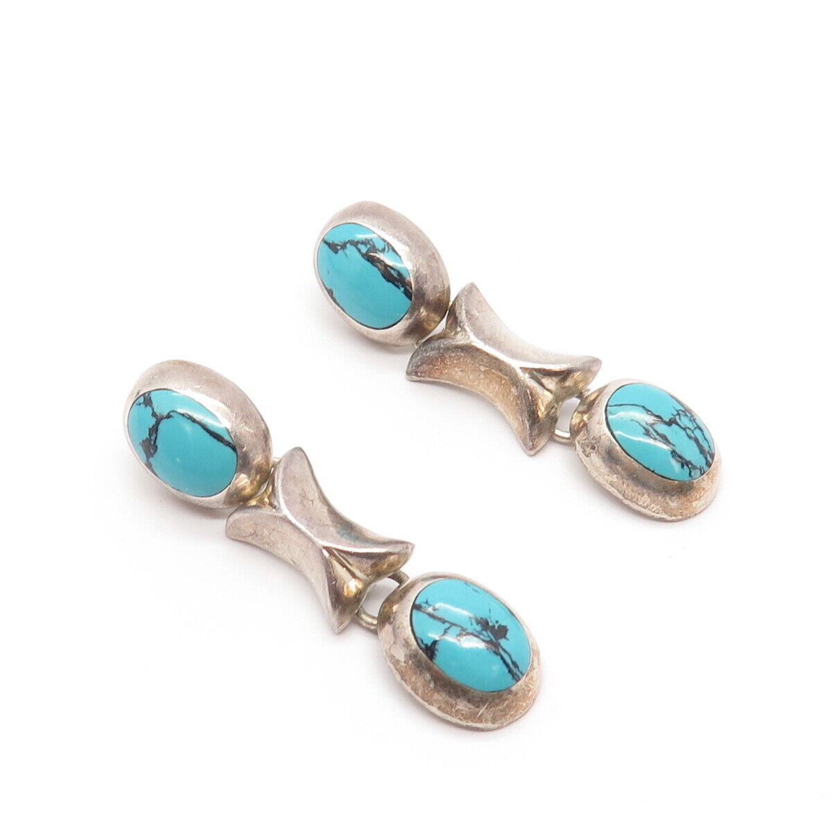 925 Sterling Silver Vintage Mexico Real Turquoise Gem XO Dangling Earrings