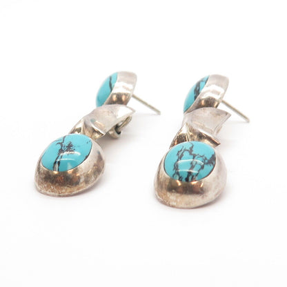 925 Sterling Silver Vintage Mexico Real Turquoise Gem XO Dangling Earrings