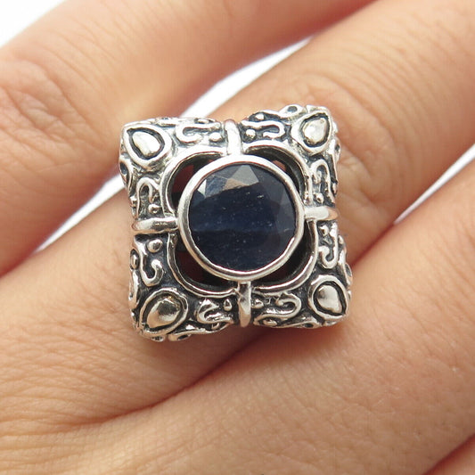 925 Sterling Silver Vintage Real Sapphire Gem Ornate Ring Size 7