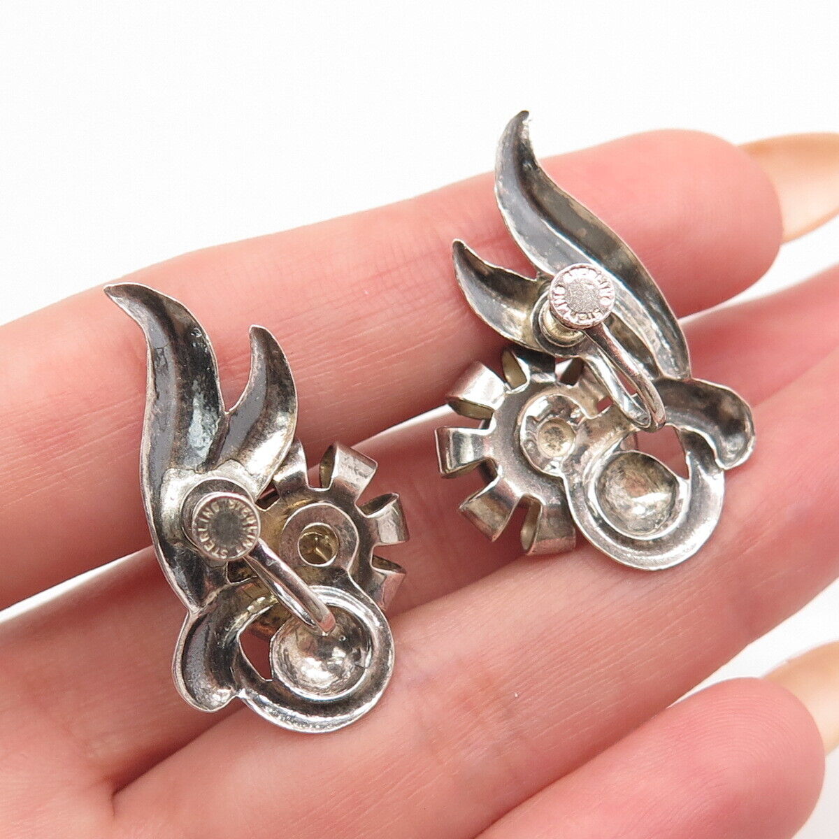 925 Sterling Silver Vintage Floral Screw Back Earrings