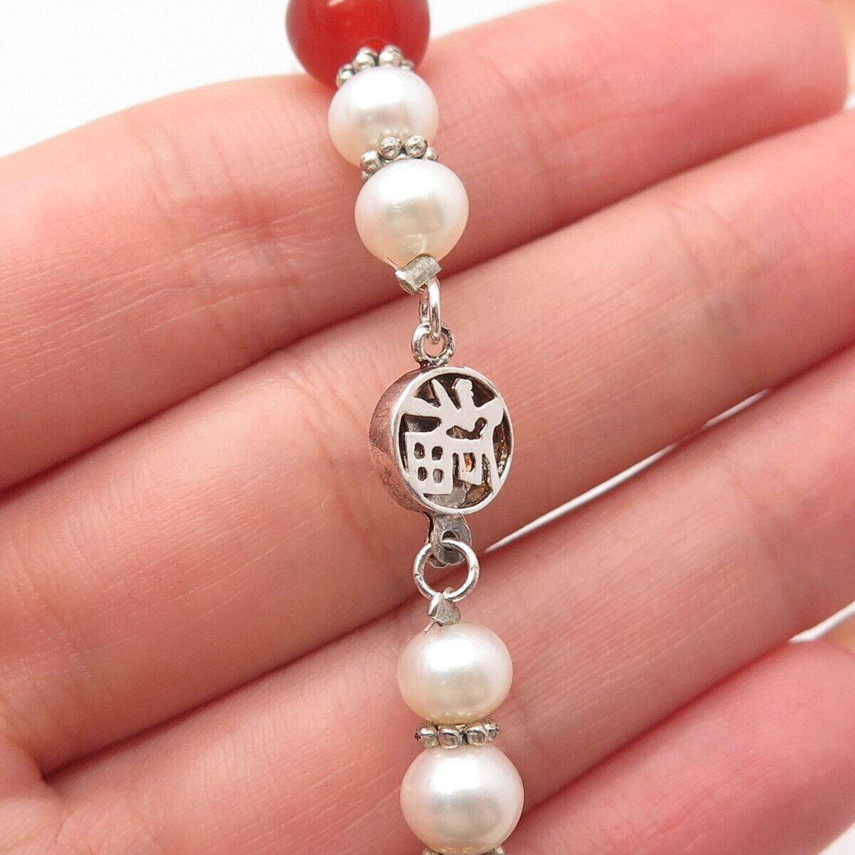 925 Sterling Silver Vintage Real Pearl & Agate Gem Bead Link Bracelet 6.5"