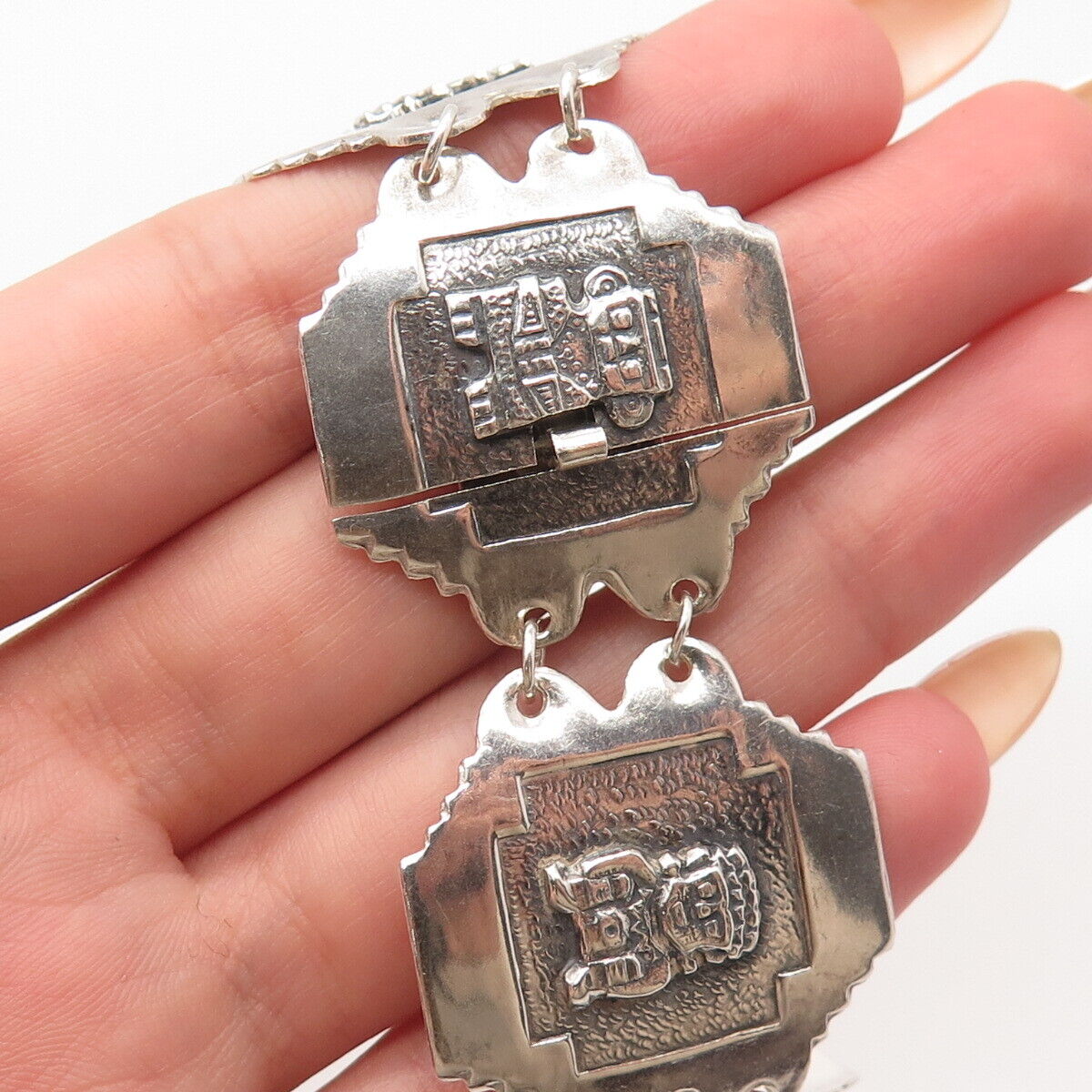 900 Silver Vintage Tribal God Panel Link Bracelet 7.5"