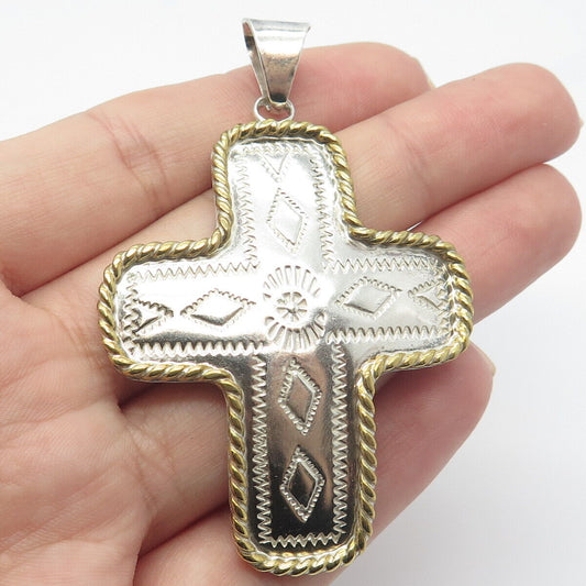 925 Sterling Silver 2-Tone Vintage Carved Ornate Cross Pendant