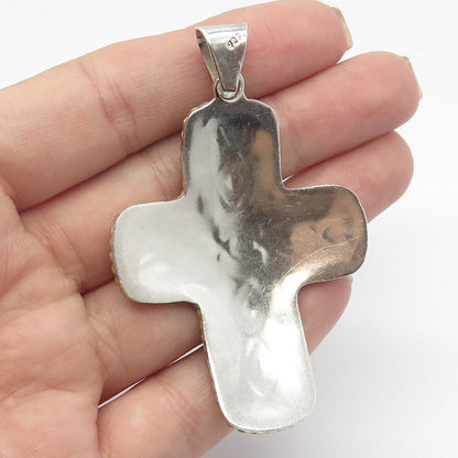 925 Sterling Silver 2-Tone Vintage Carved Ornate Cross Pendant