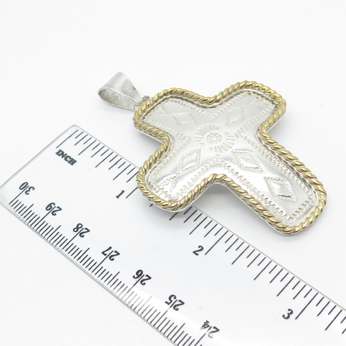 925 Sterling Silver 2-Tone Vintage Carved Ornate Cross Pendant