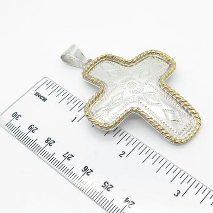 925 Sterling Silver 2-Tone Vintage Carved Ornate Cross Pendant