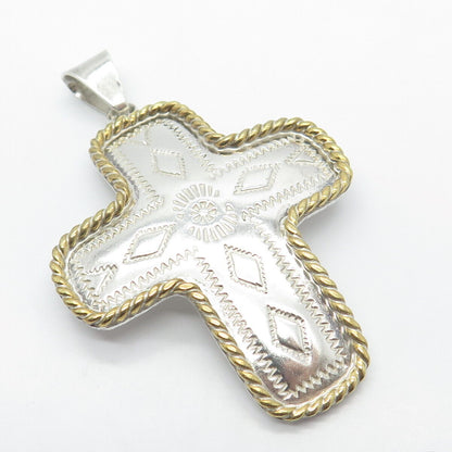 925 Sterling Silver 2-Tone Vintage Carved Ornate Cross Pendant