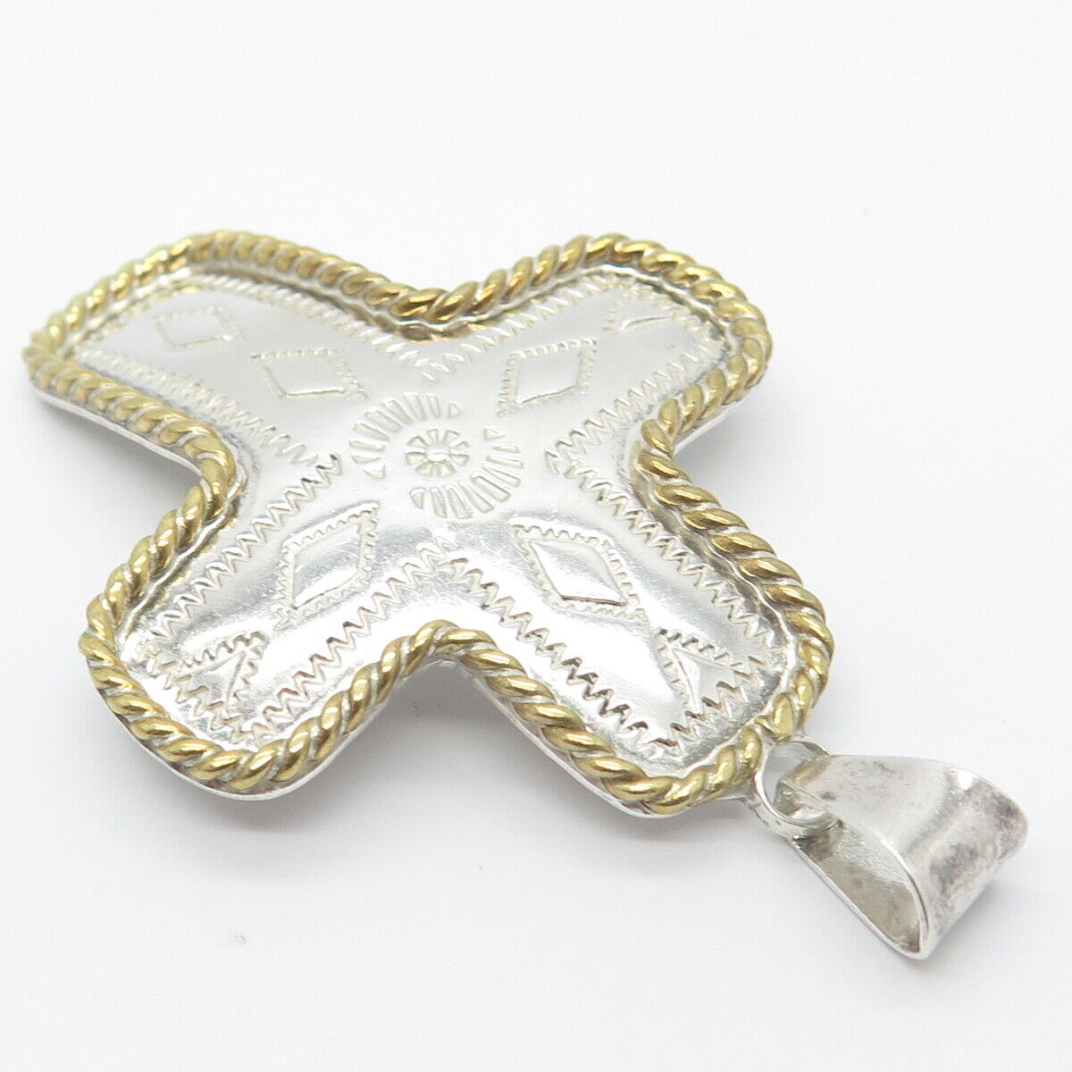 925 Sterling Silver 2-Tone Vintage Carved Ornate Cross Pendant