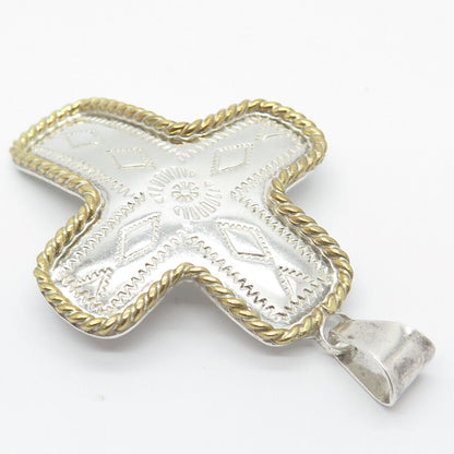 925 Sterling Silver 2-Tone Vintage Carved Ornate Cross Pendant