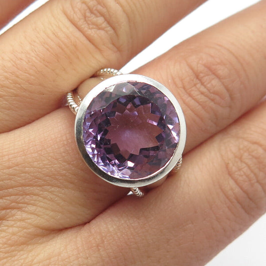 925 Sterling Silver Vintage Real Amethyst Gem Round Ring Size 7.75