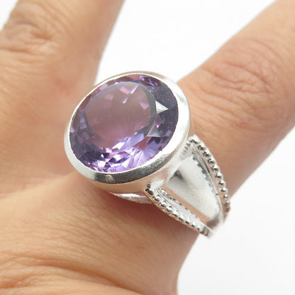 925 Sterling Silver Vintage Real Amethyst Gem Round Ring Size 7.75