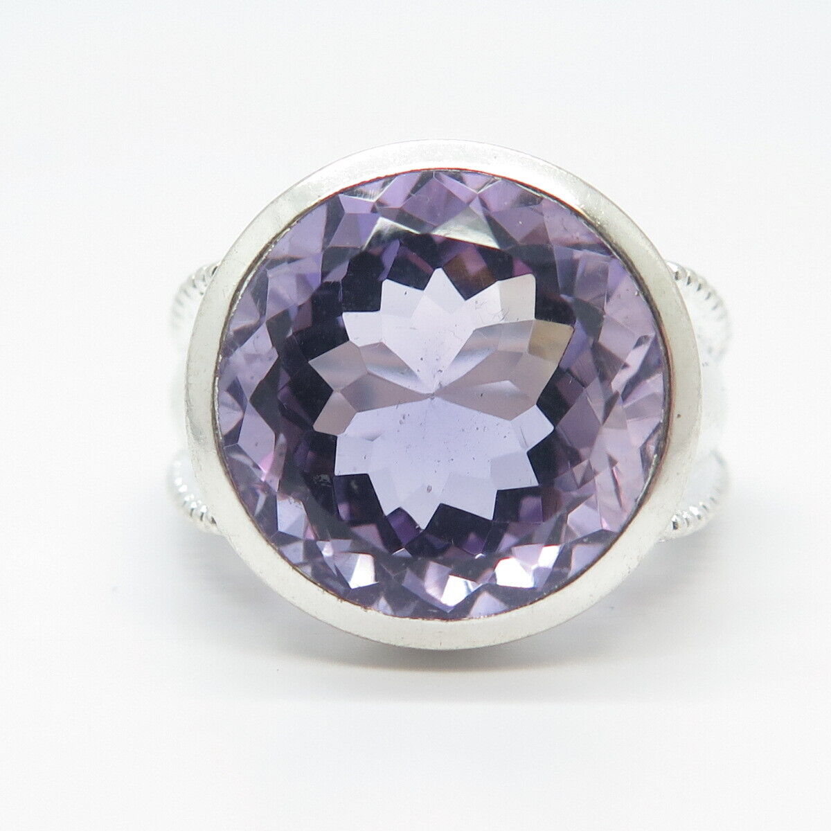 925 Sterling Silver Vintage Real Amethyst Gem Round Ring Size 7.75