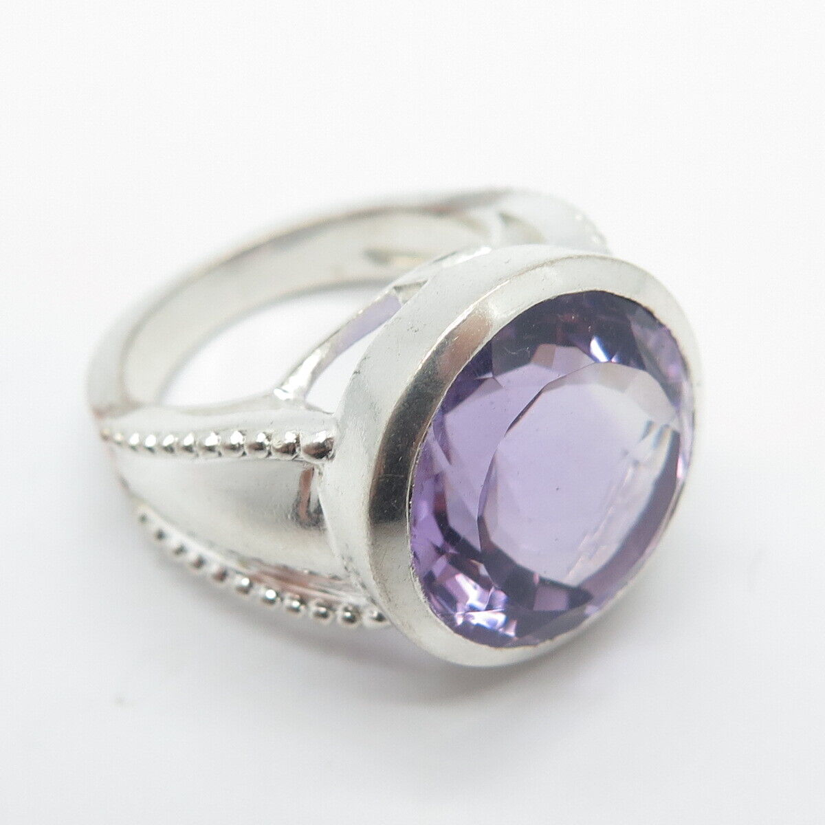 925 Sterling Silver Vintage Real Amethyst Gem Round Ring Size 7.75