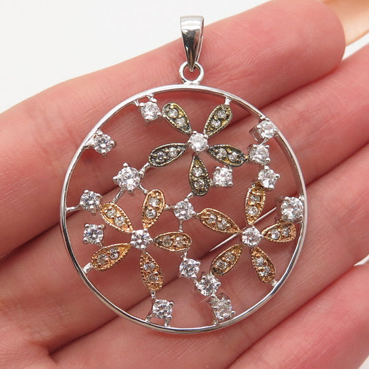 925 Sterling Silver 3-Tone C Z Round Floral Pendant