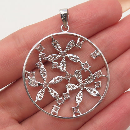 925 Sterling Silver 3-Tone C Z Round Floral Pendant