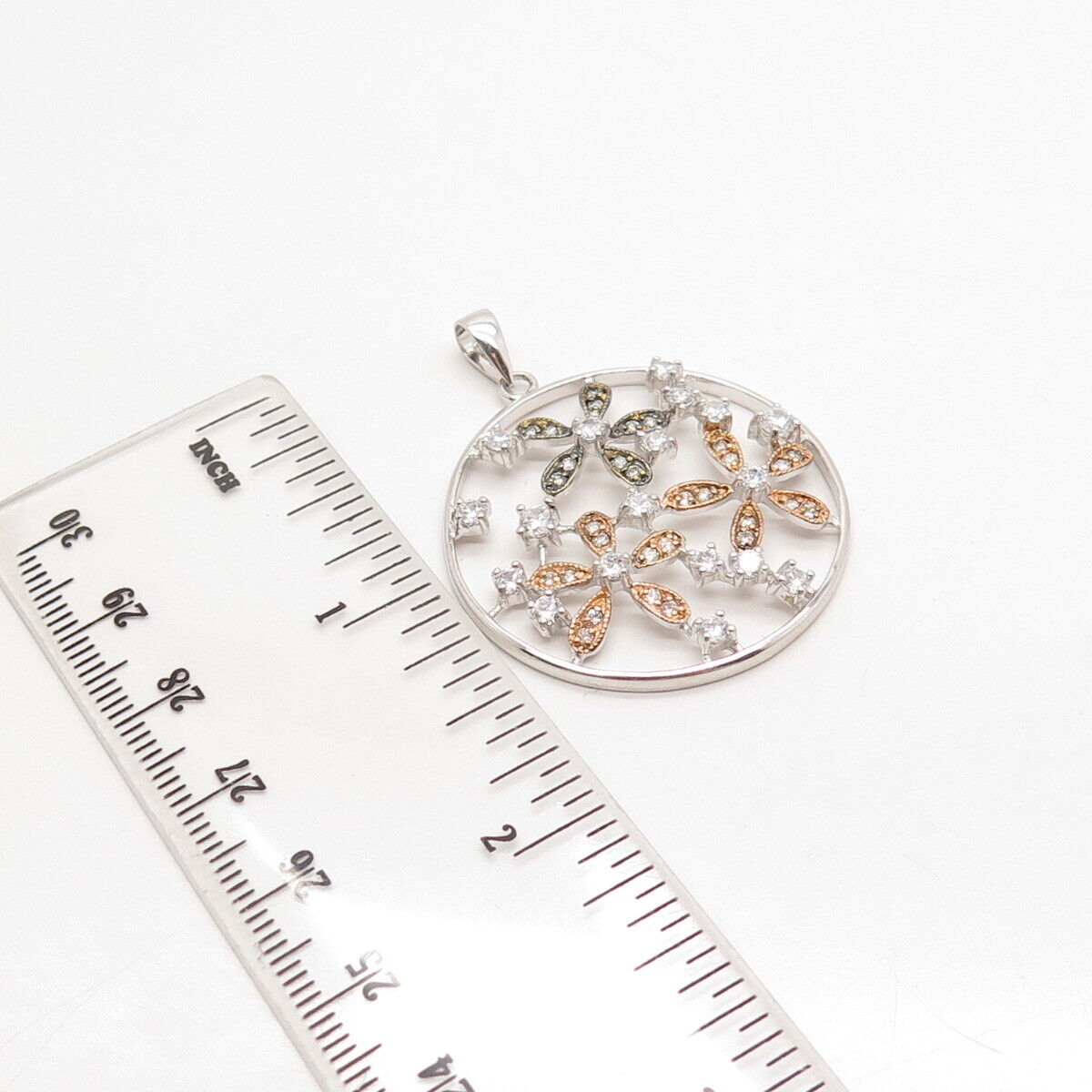 925 Sterling Silver 3-Tone C Z Round Floral Pendant