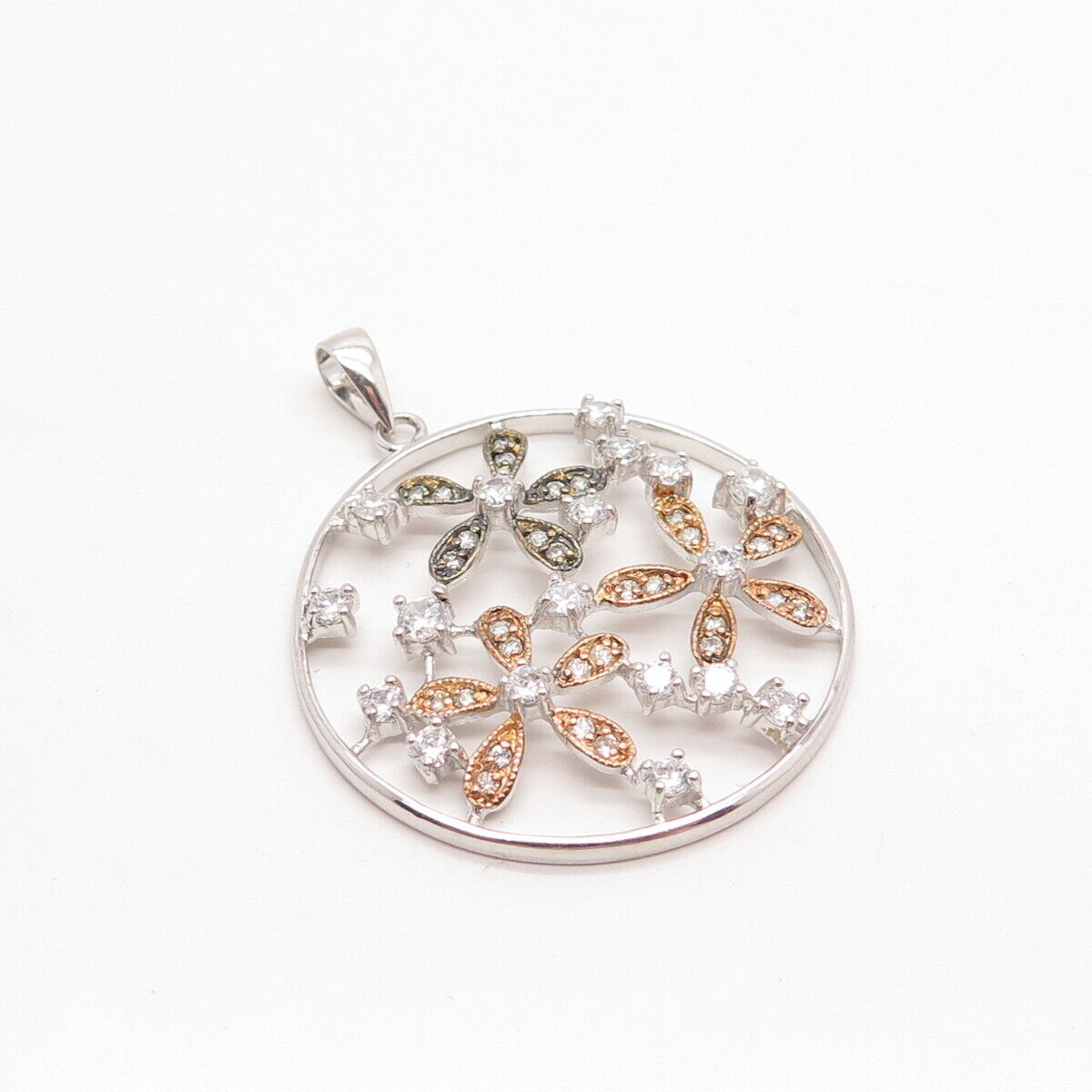 925 Sterling Silver 3-Tone C Z Round Floral Pendant