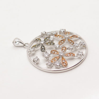 925 Sterling Silver 3-Tone C Z Round Floral Pendant