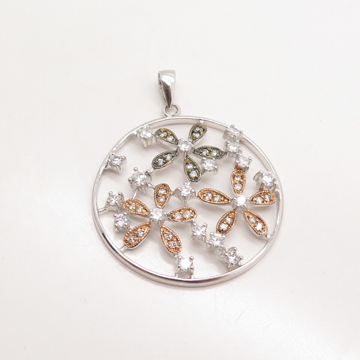 925 Sterling Silver 3-Tone C Z Round Floral Pendant