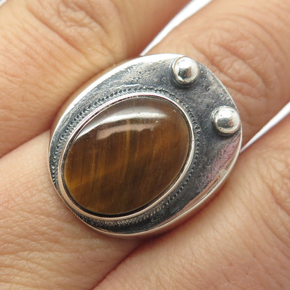 925 Sterling Silver Vintage Abstract Face Real Tiger Eye Gemstone Ring Size 9