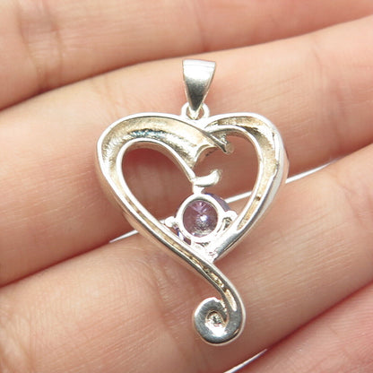 925 Sterling Silver Vintage Lavender C Z Open Heart Pendant