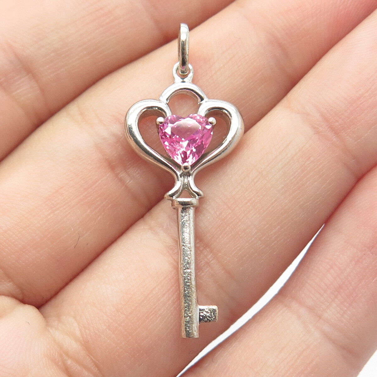 925 Sterling Silver Vintage Lab-Created Pink Sapphire Heart Key Pendant