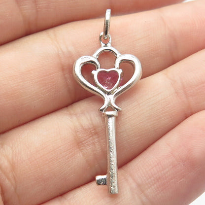 925 Sterling Silver Vintage Lab-Created Pink Sapphire Heart Key Pendant