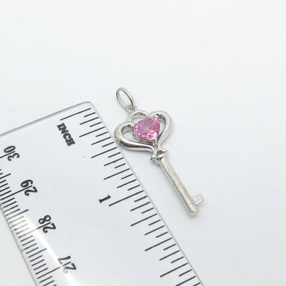 925 Sterling Silver Vintage Lab-Created Pink Sapphire Heart Key Pendant