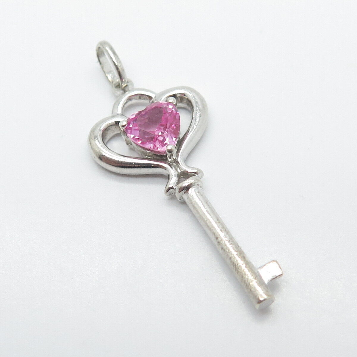 925 Sterling Silver Vintage Lab-Created Pink Sapphire Heart Key Pendant