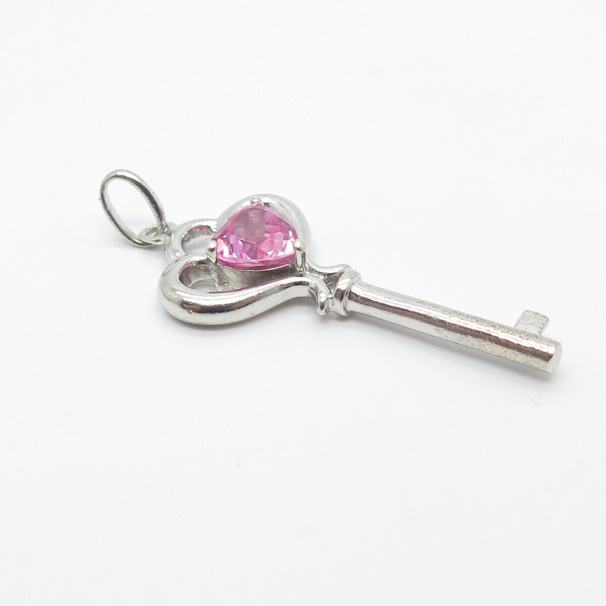 925 Sterling Silver Vintage Lab-Created Pink Sapphire Heart Key Pendant