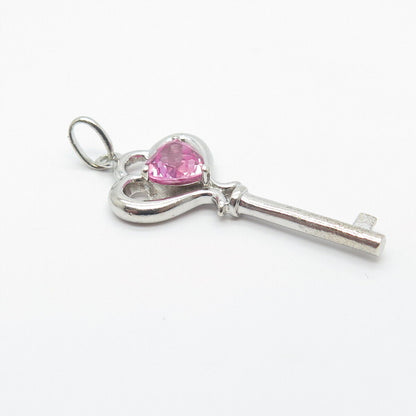 925 Sterling Silver Vintage Lab-Created Pink Sapphire Heart Key Pendant