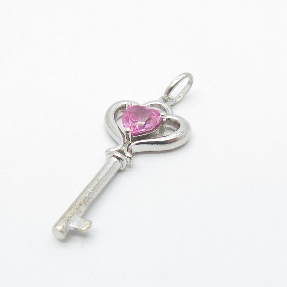 925 Sterling Silver Vintage Lab-Created Pink Sapphire Heart Key Pendant