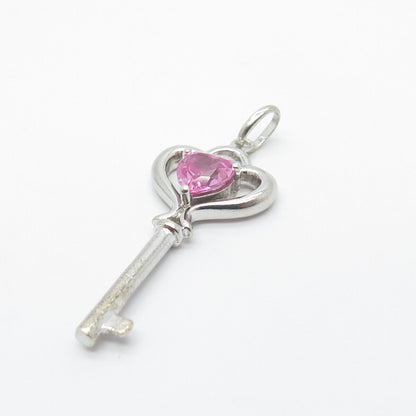 925 Sterling Silver Vintage Lab-Created Pink Sapphire Heart Key Pendant