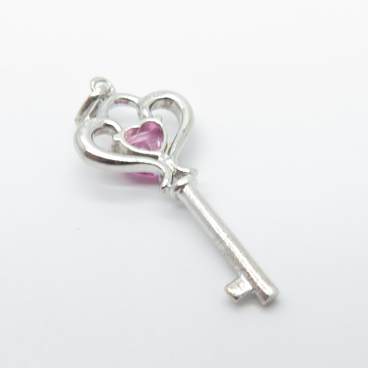 925 Sterling Silver Vintage Lab-Created Pink Sapphire Heart Key Pendant